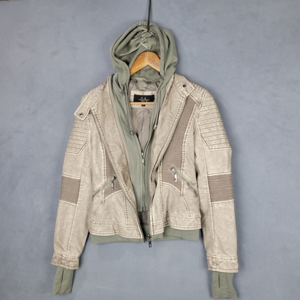 Coalition Biker Jacket Womens XS Khaki Lined Sweater Hooded Textured‎ Full Zip